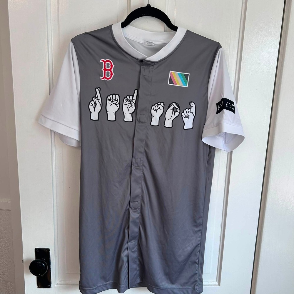 Boston Red Sox ASL Baseball Jersey Adult M Grey White Inclusion Accessibility